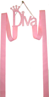 Pink Diva glitter metal plaque with two 40'' long ribbon strips. Good for Baby to Large Bows